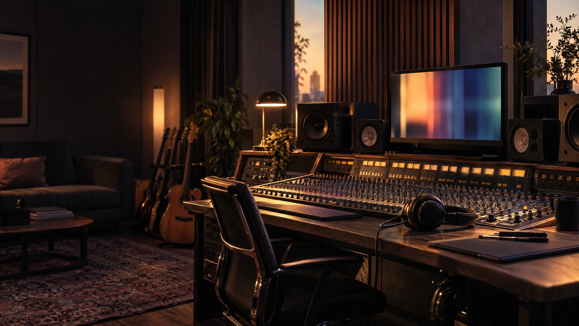 Warmly lit independent recording and post-production studio with an analog mixing desk and video monitor