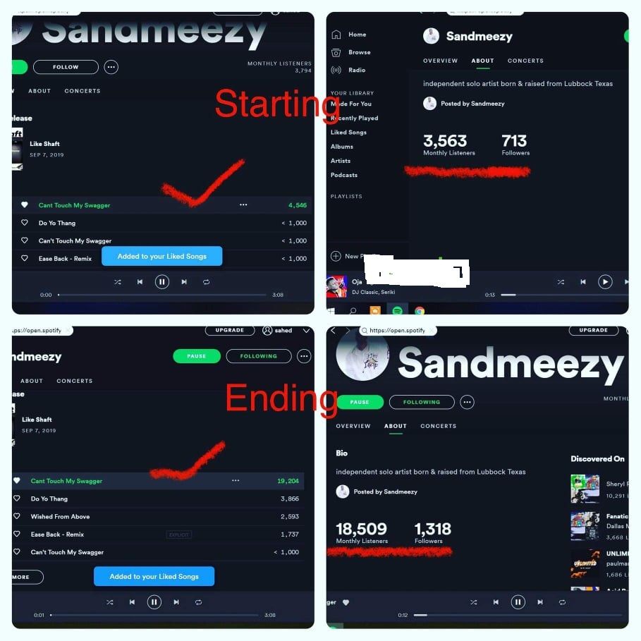 User-supplied four-panel graphic for Sandmeezy, labeled Starting and Ending. It compares Spotify artist-profile screenshots and the track Can't Touch My Swagger, displaying before-and-after monthly listener, follower and track-play figures. Metrics are shown as supplied.